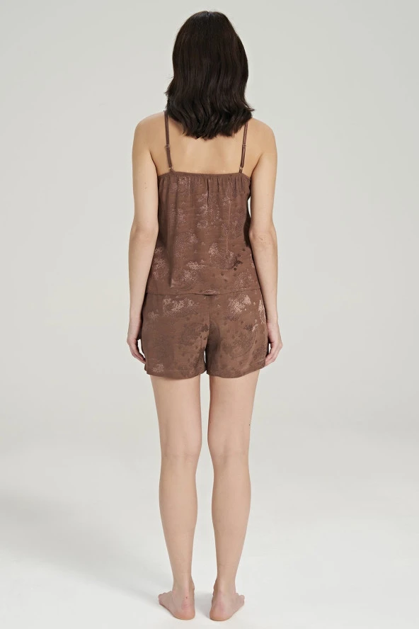 Kadın Jakar Kumarş Şal Desenli İp Askılı Yakada Dantel Detaylı Şortlu Pijama Takımı - 10