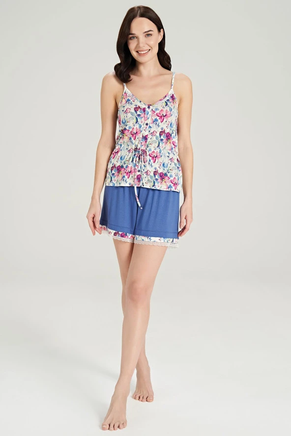 Kadın Çicek Desenli İp Askılı Belden Bağlamalı Şortlu Pijama Takımı