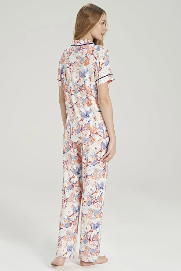 Kadın Çicek Desenli Önden Düğmeli Gömlek Yakalı Pijama Takımı - 10
