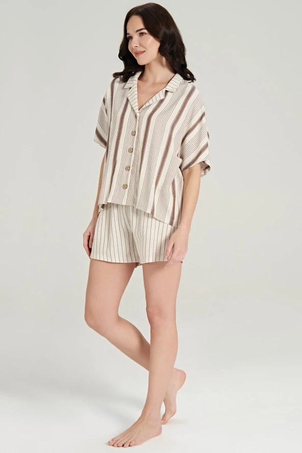 Kadın Keten Çizgili Önden Düğmeli Gömlek Yaka Şortlu Pijama Takımı - 8