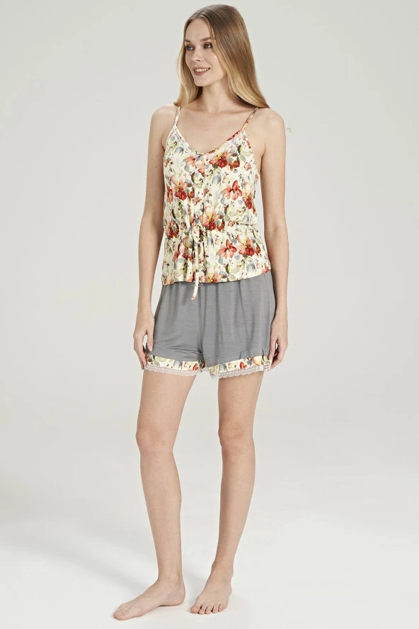 Kadın Çicek Desenli İp Askılı Belden Bağlamalı Şortlu Pijama Takımı - 7