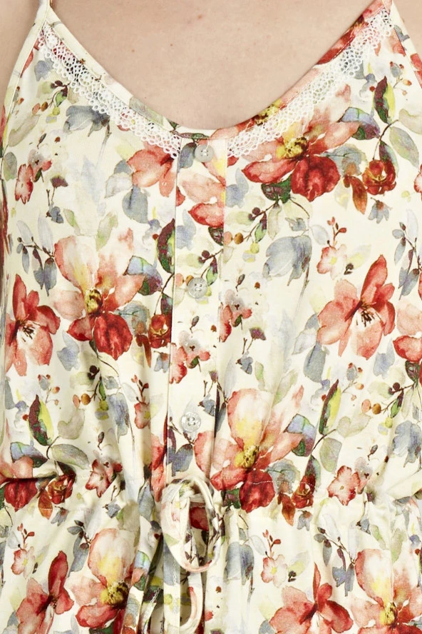 Kadın Çicek Desenli İp Askılı Belden Bağlamalı Şortlu Pijama Takımı - 8