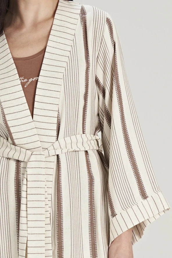 Kadın Keten Çizgili Kalın Askılı 3'lü Pijama Takımı - 2