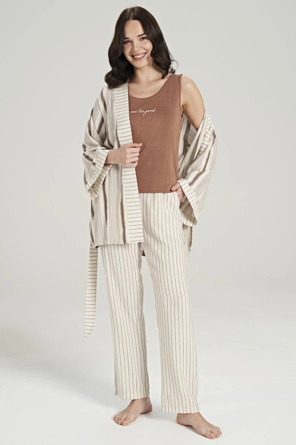 Kadın Keten Çizgili Kalın Askılı 3'lü Pijama Takımı - 3