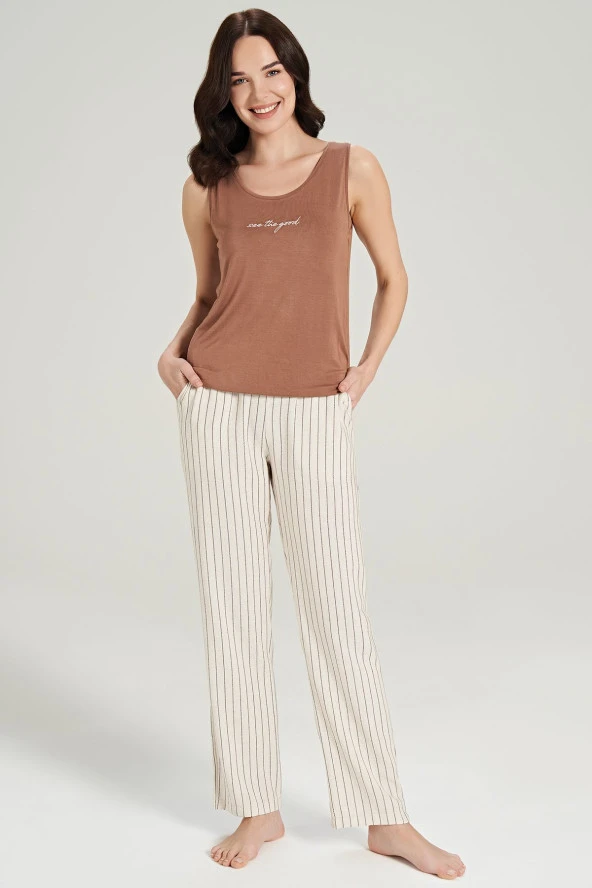 Kadın Keten Çizgili Kalın Askılı 3'lü Pijama Takımı - 4