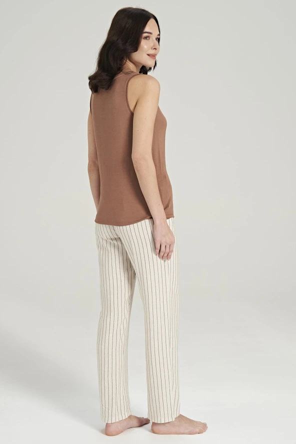 Kadın Keten Çizgili Kalın Askılı 3'lü Pijama Takımı - 6