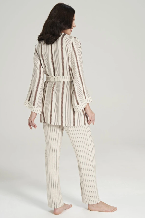 Kadın Keten Çizgili Kalın Askılı 3'lü Pijama Takımı - 7