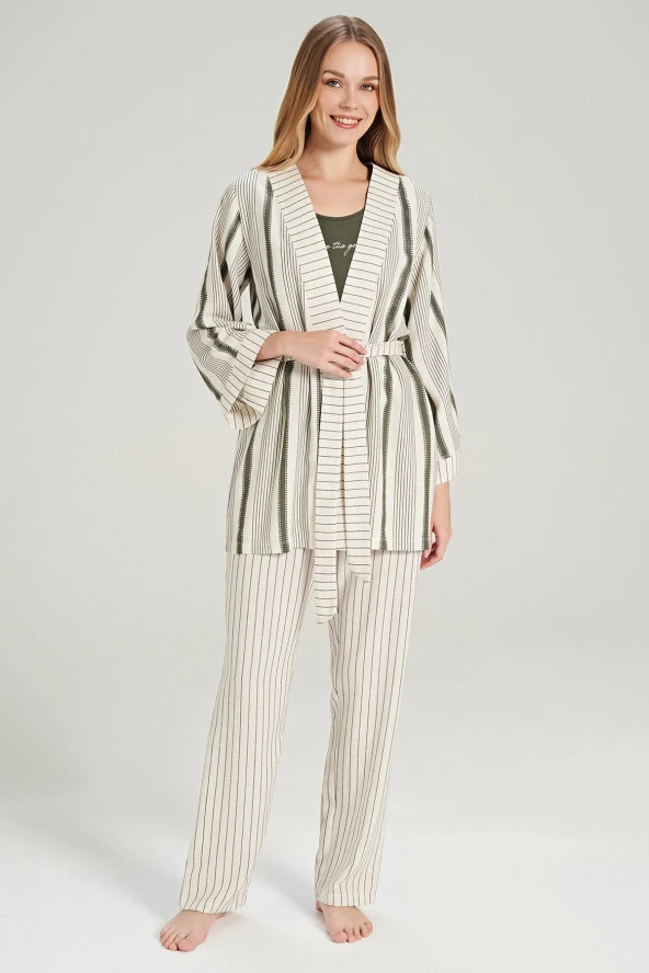 Kadın Keten Çizgili Kalın Askılı 3'lü Pijama Takımı - 8