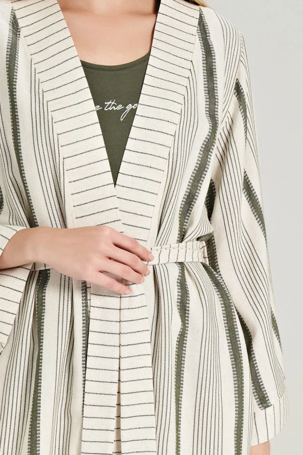 Kadın Keten Çizgili Kalın Askılı 3'lü Pijama Takımı - 9