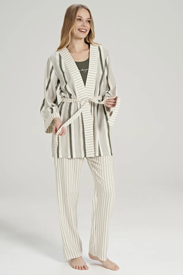 Kadın Keten Çizgili Kalın Askılı 3'lü Pijama Takımı - 10