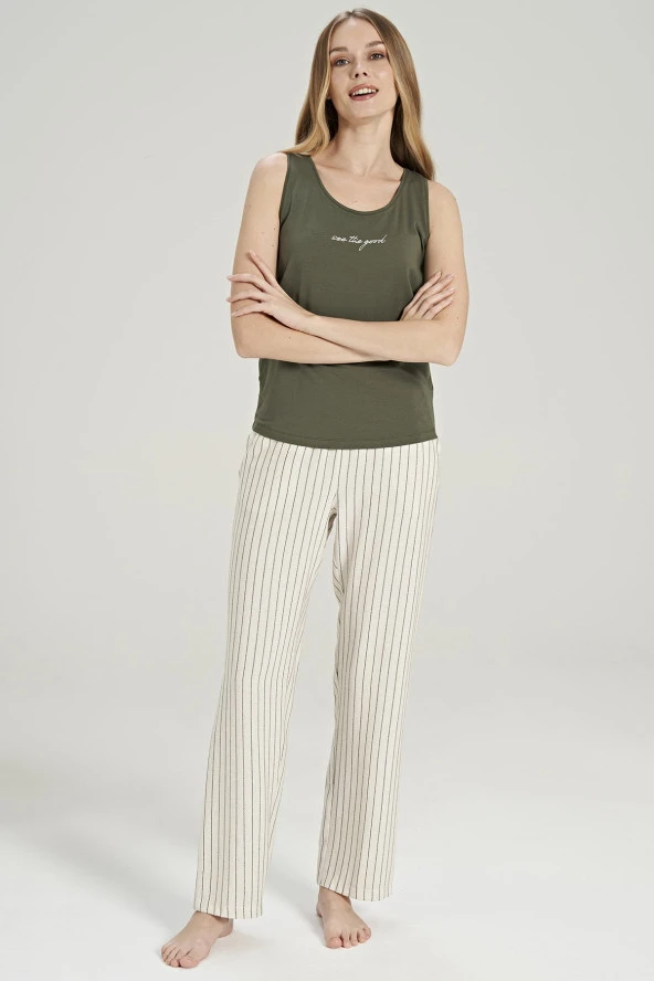 Kadın Keten Çizgili Kalın Askılı 3'lü Pijama Takımı - 11