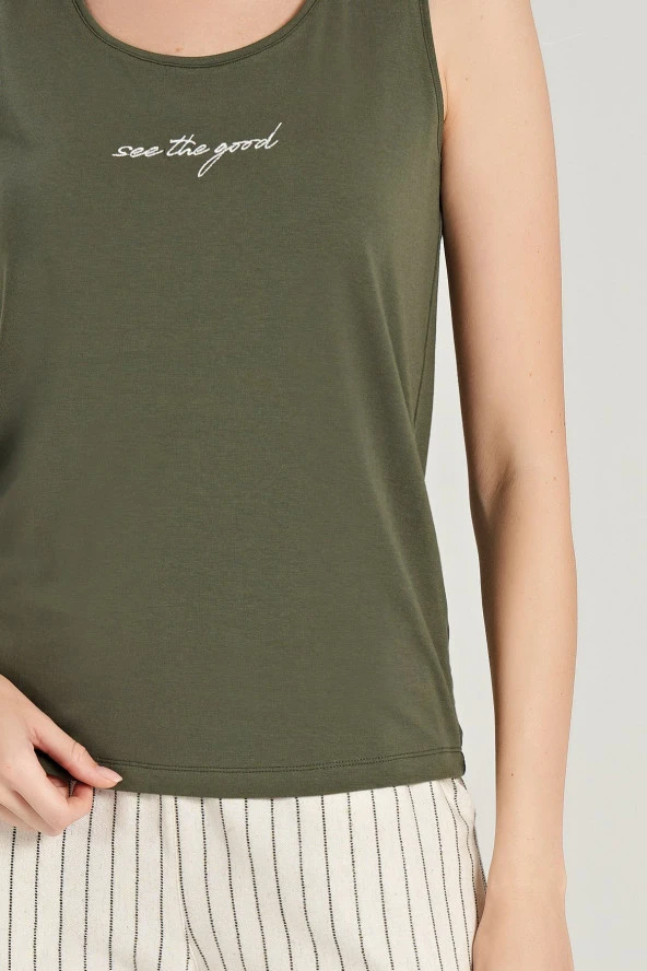 Kadın Keten Çizgili Kalın Askılı 3'lü Pijama Takımı - 12