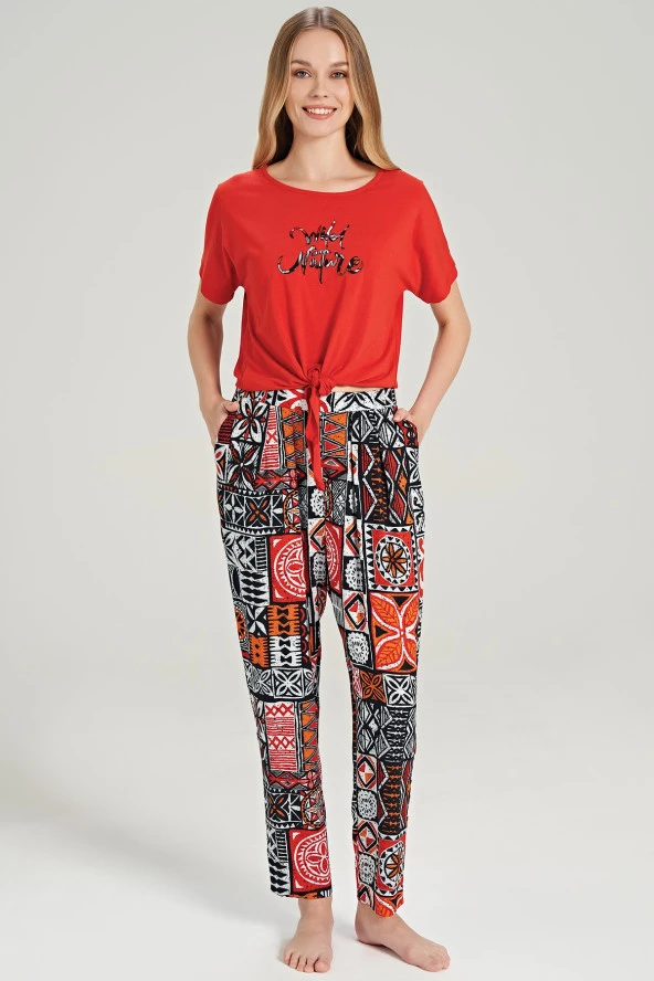 Kadın Pamuklu Etnik Desenli Belden Bağlamalı Pijama Takımı