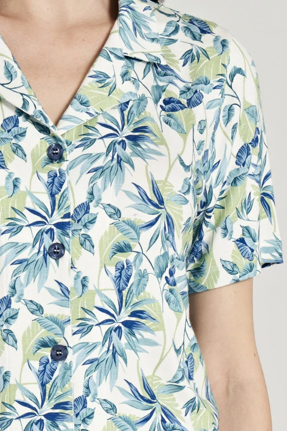 Kadın Pamuklu Yaprak Desenli Önden Düğmeli Kapri Pijama Takımı - 2