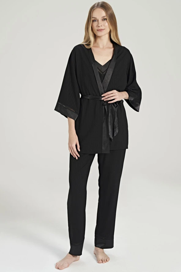 Kadın Çizgili V Yaka İp Askılı Belden Kuşaklı 3'lü Pijama Takımı