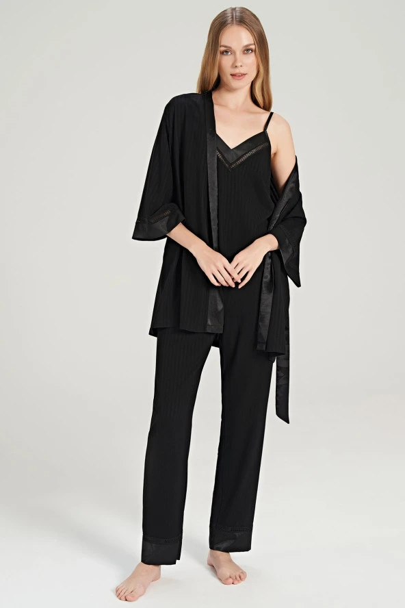 Kadın Çizgili V Yaka İp Askılı Belden Kuşaklı 3'lü Pijama Takımı - 2