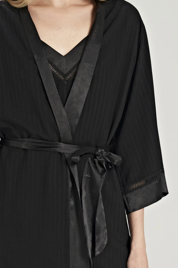 Kadın Çizgili V Yaka İp Askılı Belden Kuşaklı 3'lü Pijama Takımı - 3