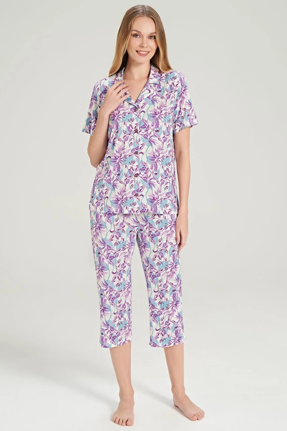 Kadın Pamuklu Yaprak Desenli Önden Düğmeli Kapri Pijama Takımı - 6