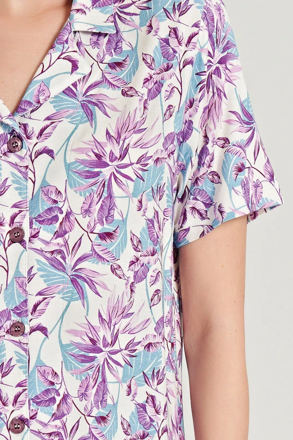 Kadın Pamuklu Yaprak Desenli Önden Düğmeli Kapri Pijama Takımı - 7