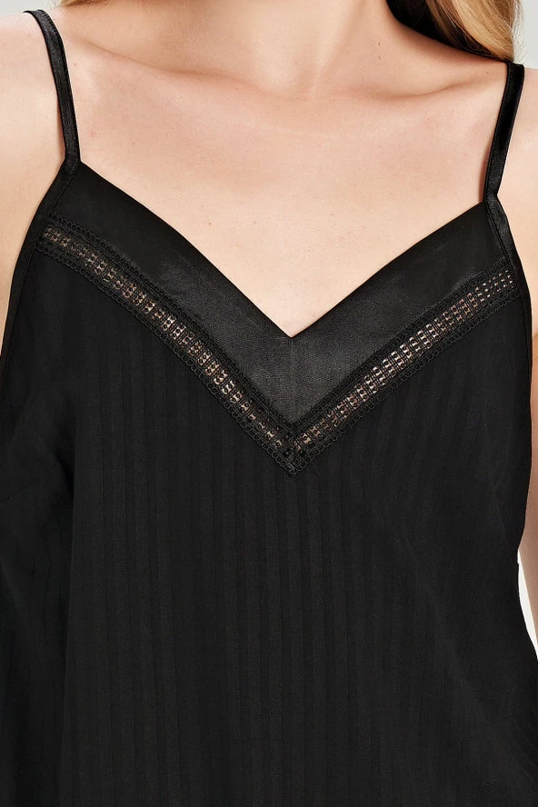 Kadın Çizgili V Yaka İp Askılı Belden Kuşaklı 3'lü Pijama Takımı - 5