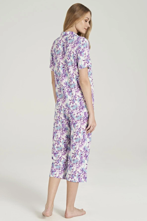 Kadın Pamuklu Yaprak Desenli Önden Düğmeli Kapri Pijama Takımı - 9