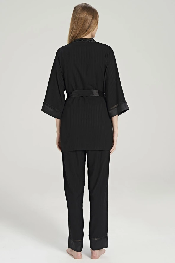 Kadın Çizgili V Yaka İp Askılı Belden Kuşaklı 3'lü Pijama Takımı - 7