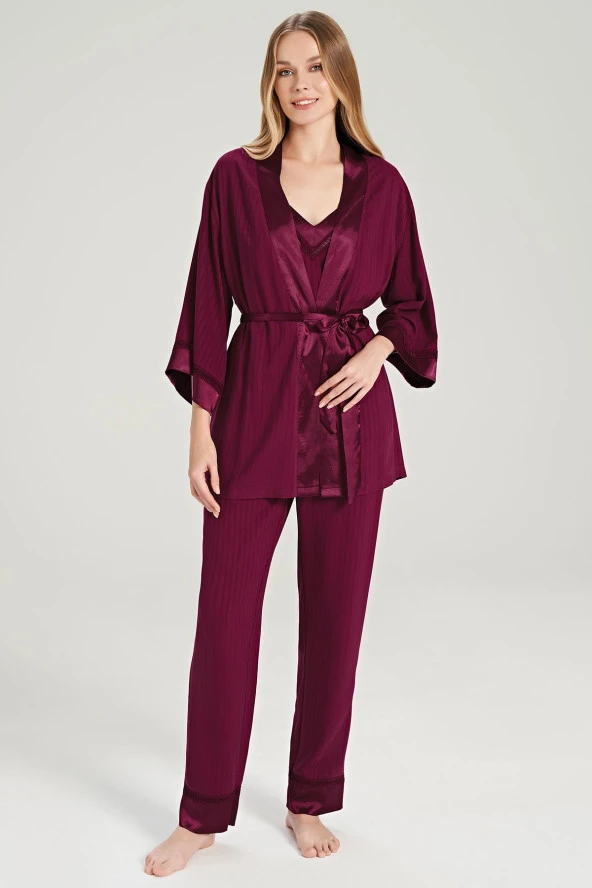 Kadın Çizgili V Yaka İp Askılı Belden Kuşaklı 3'lü Pijama Takımı - 8