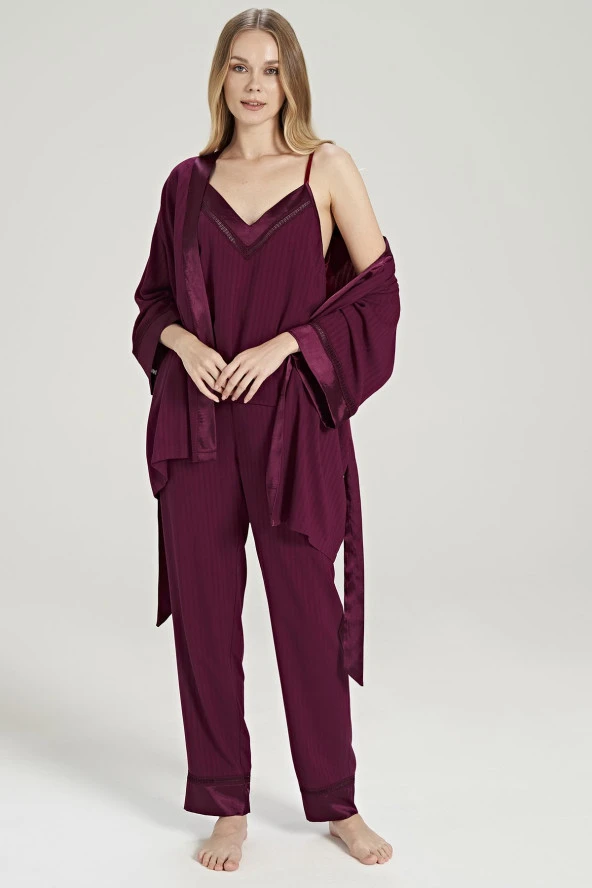 Kadın Çizgili V Yaka İp Askılı Belden Kuşaklı 3'lü Pijama Takımı - 9