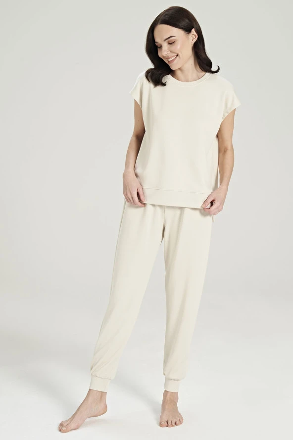 Kadın Pamuklu Bel Detaylı Yarın Kol Pijama Takımı - 3