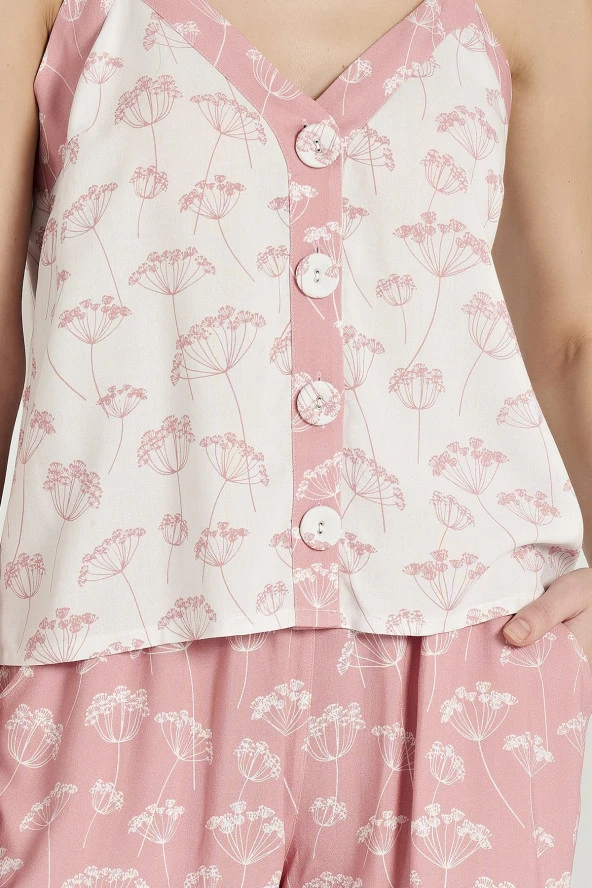 Kadın Pamuklu Çicek Desenli İp Askılı Şortlu Pijama Takımı - 2