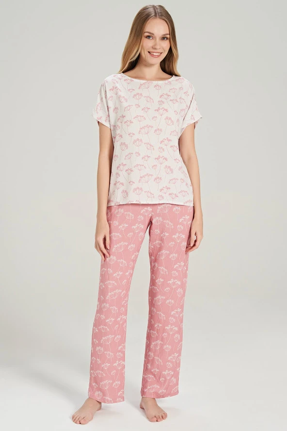 Kadın Pamuklu Sırt Düğme Detaylı Çicek Desenli Pijama Takımı