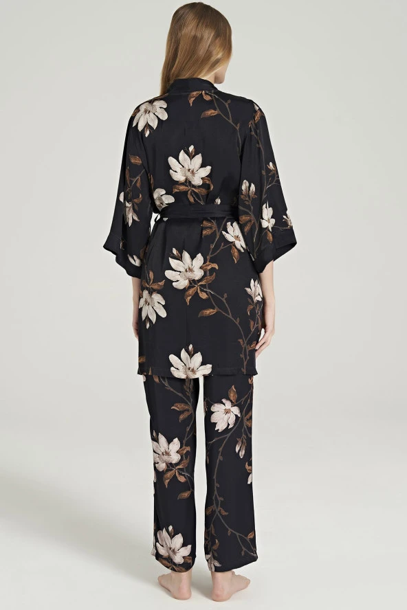 Kadın Siyah Saten Dantel Detaylı İp Askılı 3'lü Pijama Takımı - Resim 3