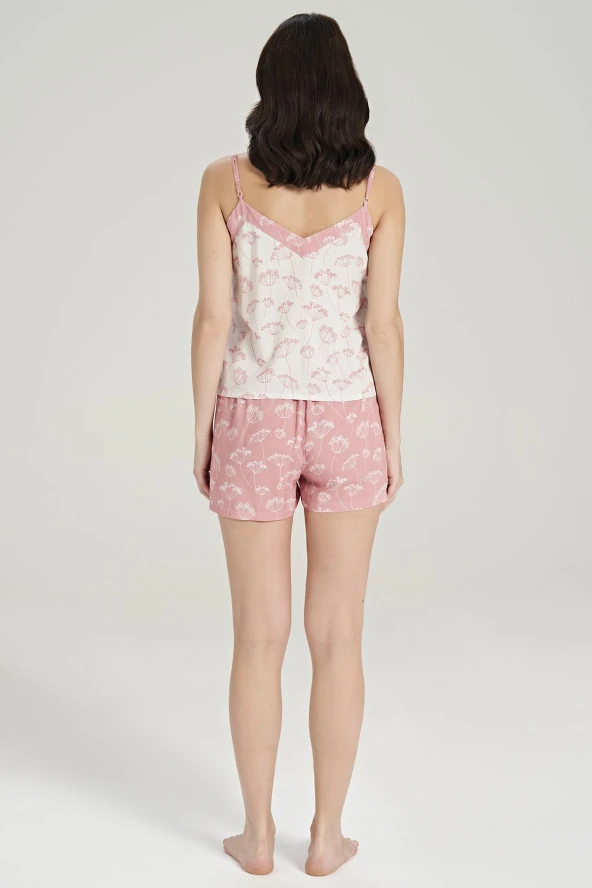 Kadın Pamuklu Çicek Desenli İp Askılı Şortlu Pijama Takımı - 5