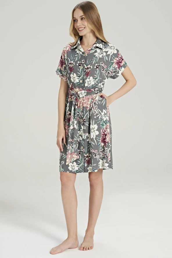 Kadın Pamuklu Önden Düğmeli Beli Kuşaklı Gecelik Elbise - 3