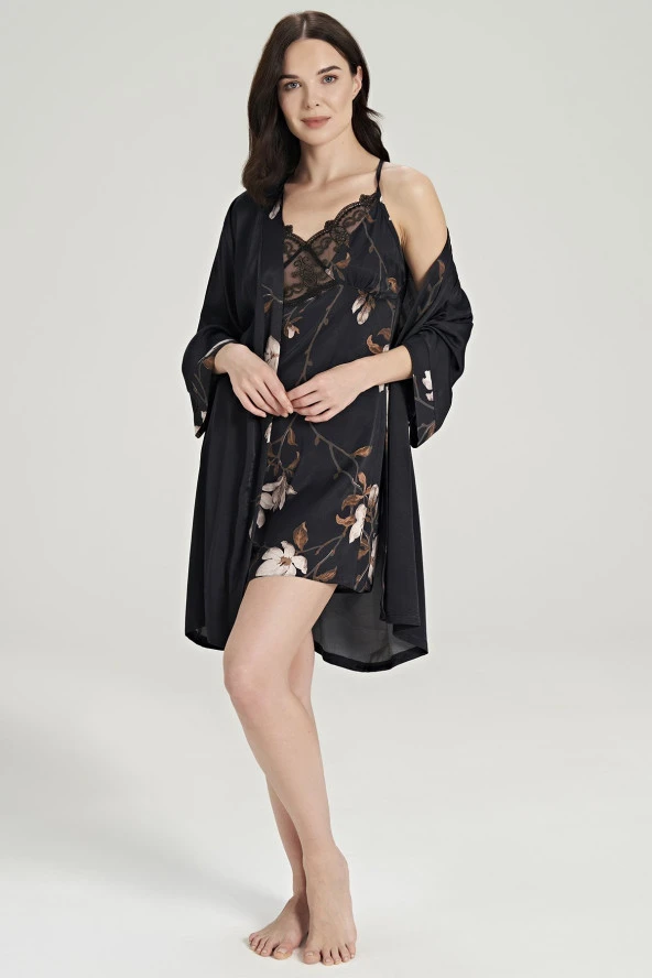 Kadın Siyah Saten Dantel Detaylı İp Askılı Gecelik Ve Sabahlık Takım - 3