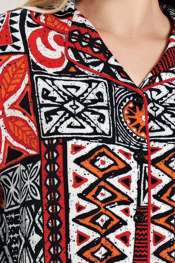 Kadın Pamuklu Etnik Desenli Önden Düğmeli Gömlek Yakalı Şortlu Pijama Takımı - 2