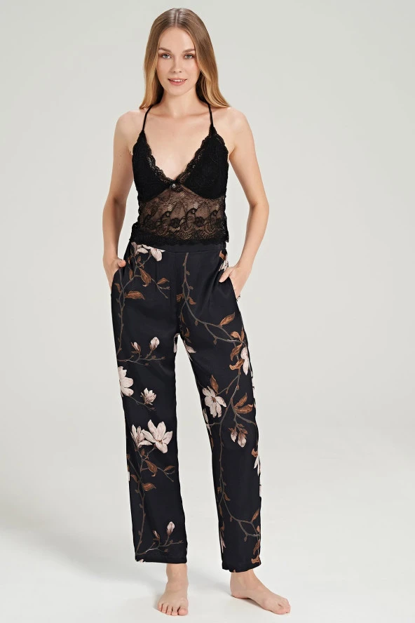 Kadın Siyah Saten Dantel Detaylı İp Askılı 3'lü Pijama Takımı - Resim 5