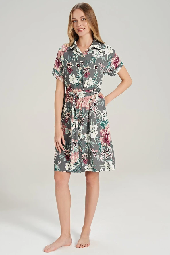 Kadın Pamuklu Önden Düğmeli Beli Kuşaklı Gecelik Elbise - 4