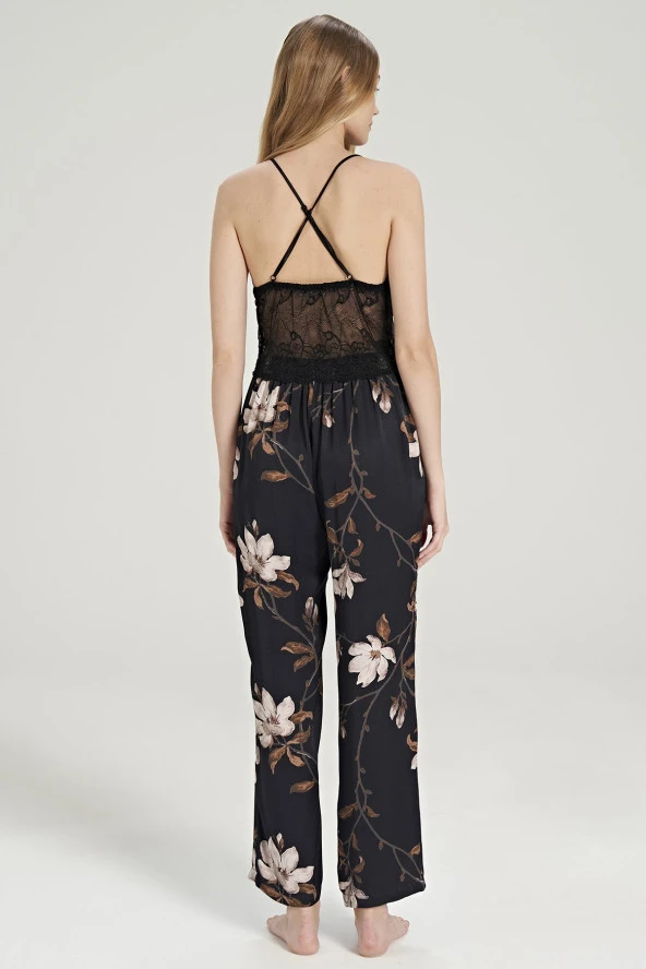 Kadın Siyah Saten Dantel Detaylı İp Askılı 3'lü Pijama Takımı - Resim 7