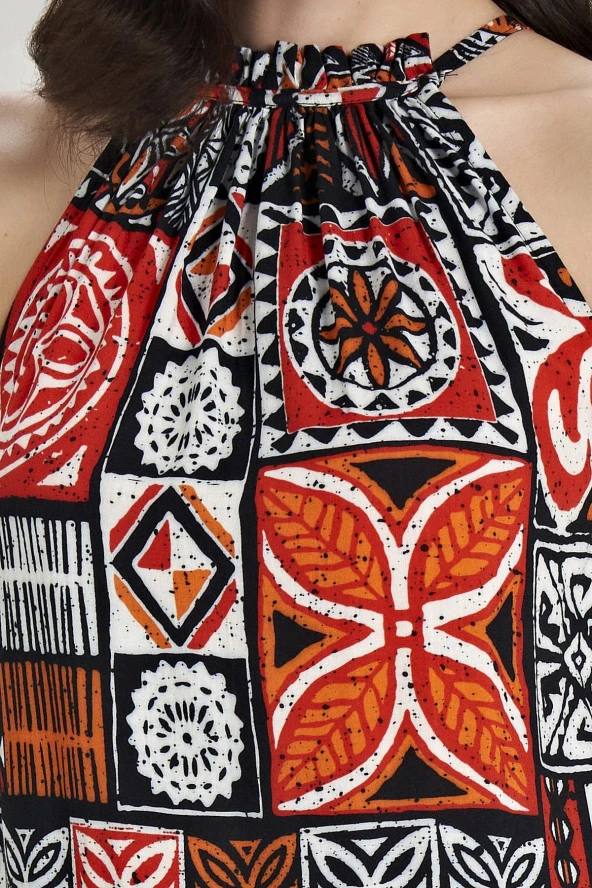 Kadın Pamuklu Etnik Desenli Boyundan Bağlamalı Gecelik Elbise - 2