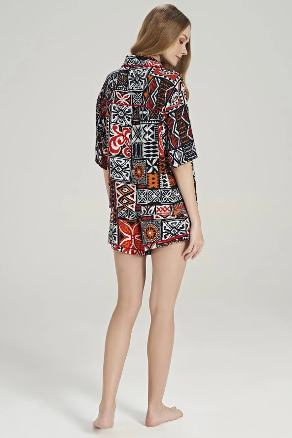 Kadın Pamuklu Etnik Desenli Önden Düğmeli Gömlek Yakalı Şortlu Pijama Takımı - 4