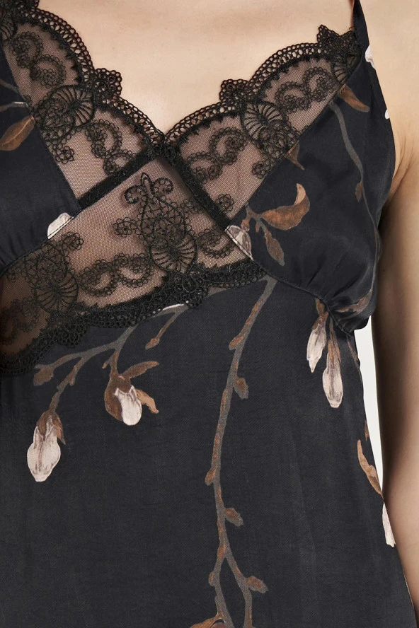 Kadın Siyah Saten Dantel Detaylı İp Askılı Gecelik Ve Sabahlık Takım - 6