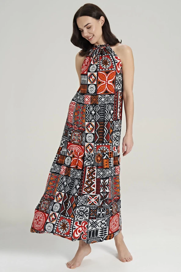 Kadın Pamuklu Etnik Desenli Boyundan Bağlamalı Gecelik Elbise - 3