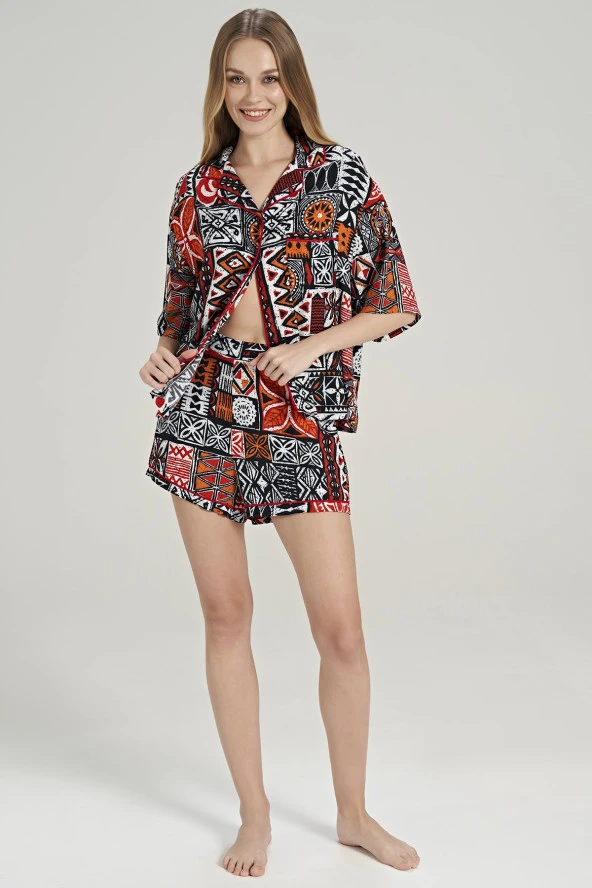Kadın Pamuklu Etnik Desenli Önden Düğmeli Gömlek Yakalı Şortlu Pijama Takımı - 5