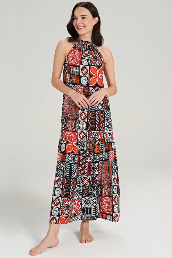 Kadın Pamuklu Etnik Desenli Boyundan Bağlamalı Gecelik Elbise - 4