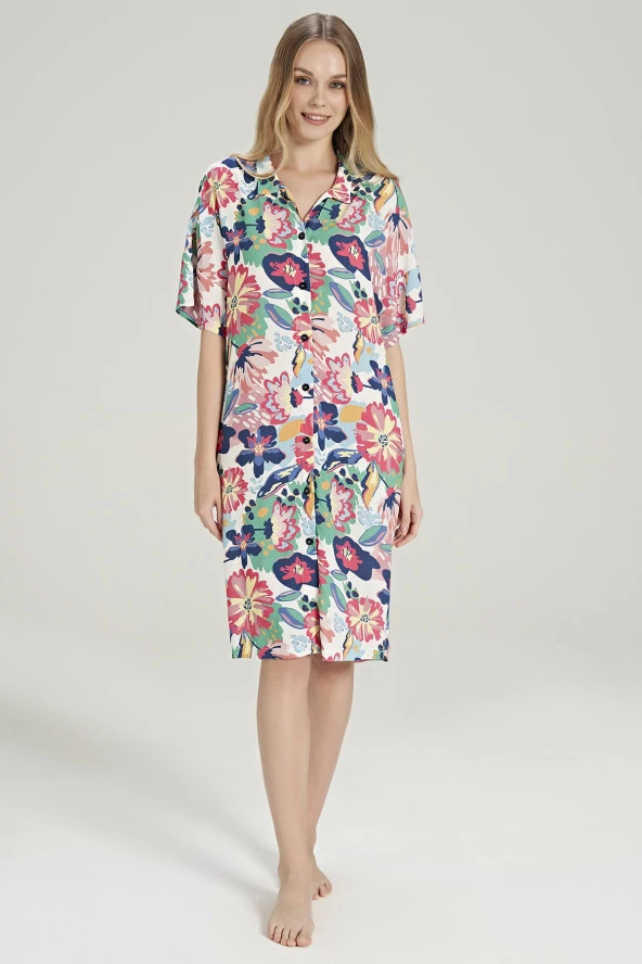 Kadın Pamuklu Çicek Desenli Önden Düğmeli Yarım Kol Gecelik Elbise - 4