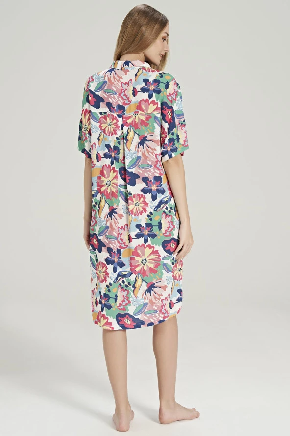 Kadın Pamuklu Çicek Desenli Önden Düğmeli Yarım Kol Gecelik Elbise - 5