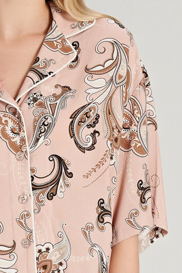 Kadın Pamuklu Şal Desenli Önden Düğmeli V Yaka Pijama Takımı - 2