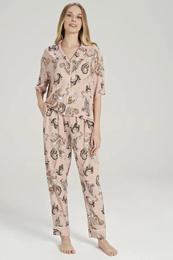 Kadın Pamuklu Şal Desenli Önden Düğmeli V Yaka Pijama Takımı - 3