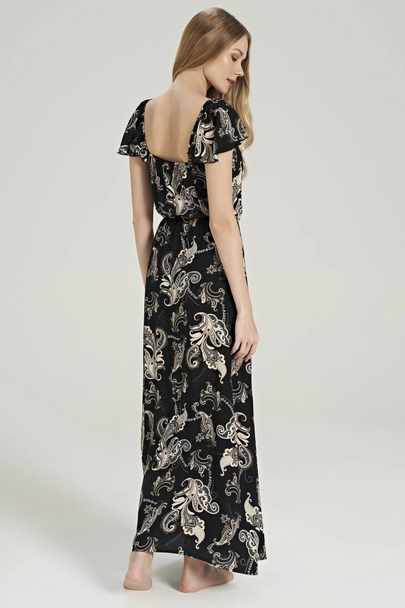 Kadın Pamuklu Şal Desenli Omuz Detaylı Eteği Yırtmaçlı Gecelik Elbise - 6